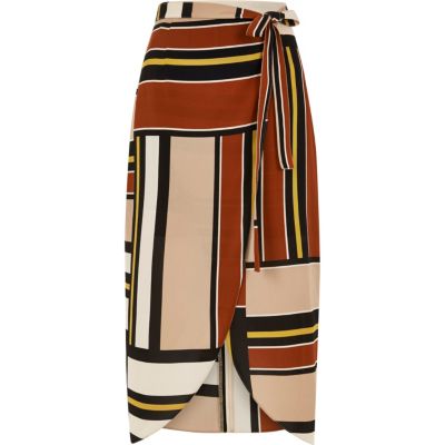 Brown striped wrap front skirt